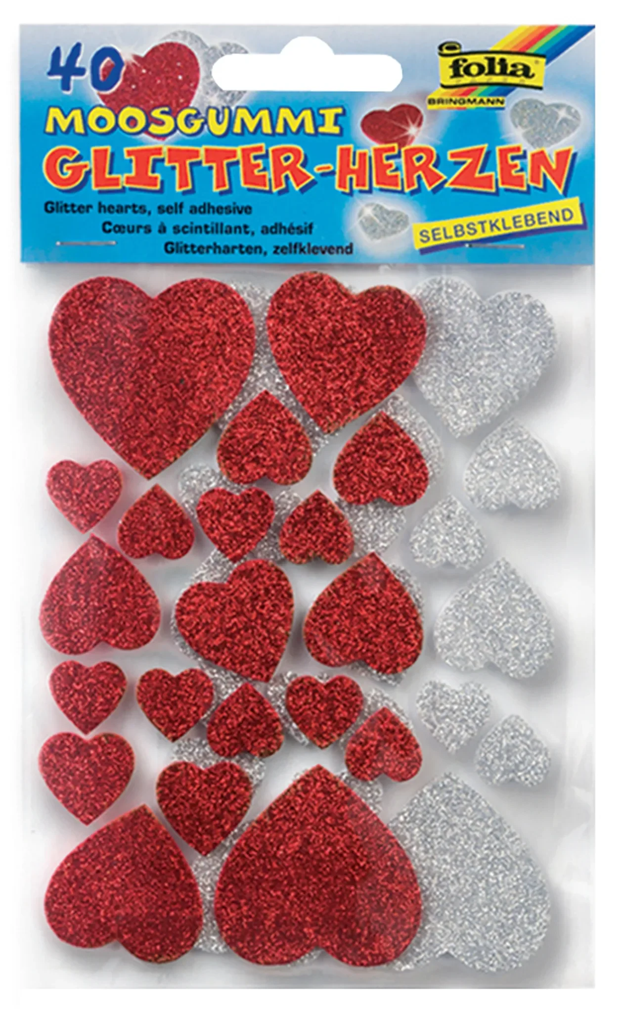 folia Moosgummi Glitter-Sticker „Herzen“ – Rot/Silber, 40 Stück