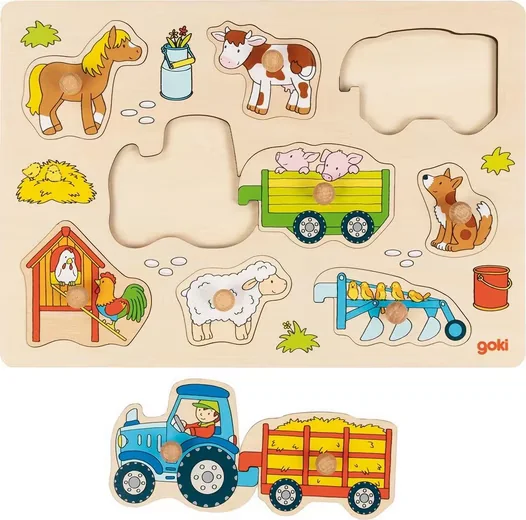 Goki Steckpuzzle Traktor mit Anhängern Holzpuzzle