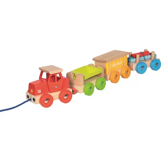 Goki Holzzug Nachziehfahrzeug Güterzug mit Waggons ab 2 Jahren