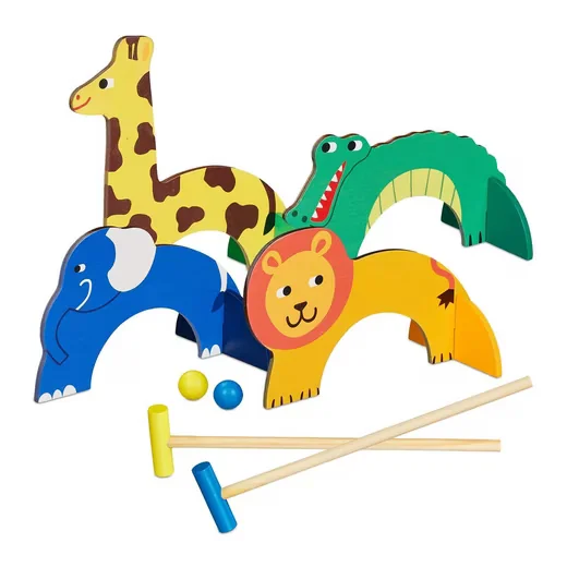 Relaxdays Krocket Spiel für Kinder, Gartenset im Tier-Design